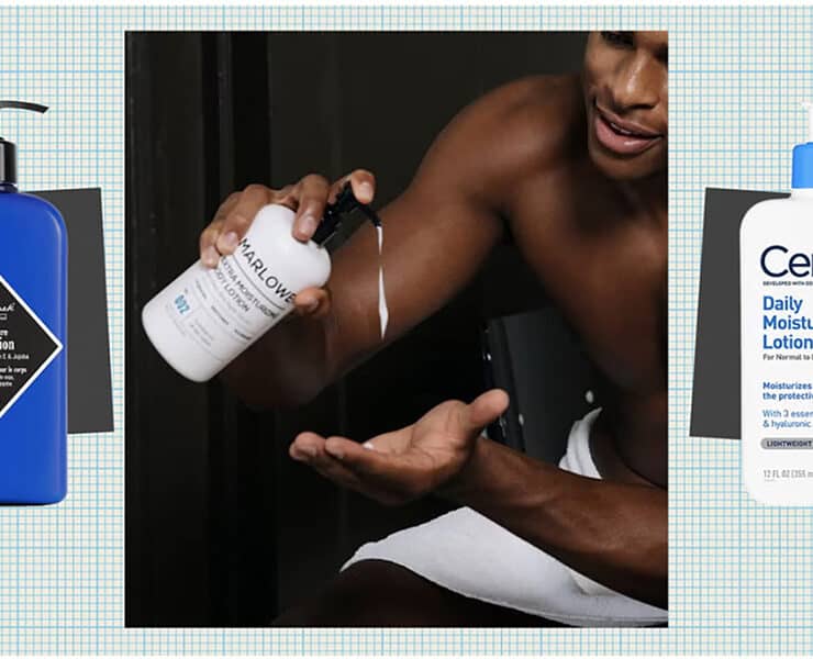 Body Lotion, samples and a man using the product