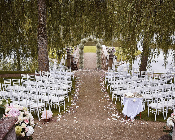 An outdoor garden wedding ceremony site