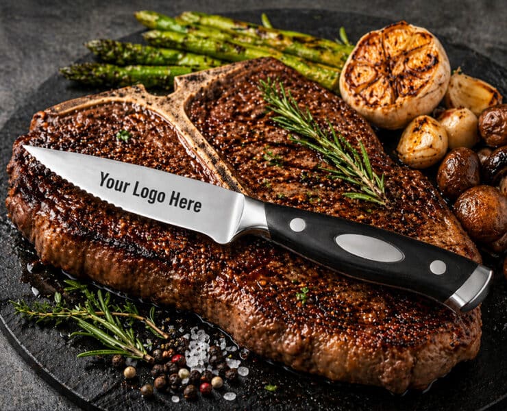 Steak dinner plate with "Your Logo Here" Steak Knife
