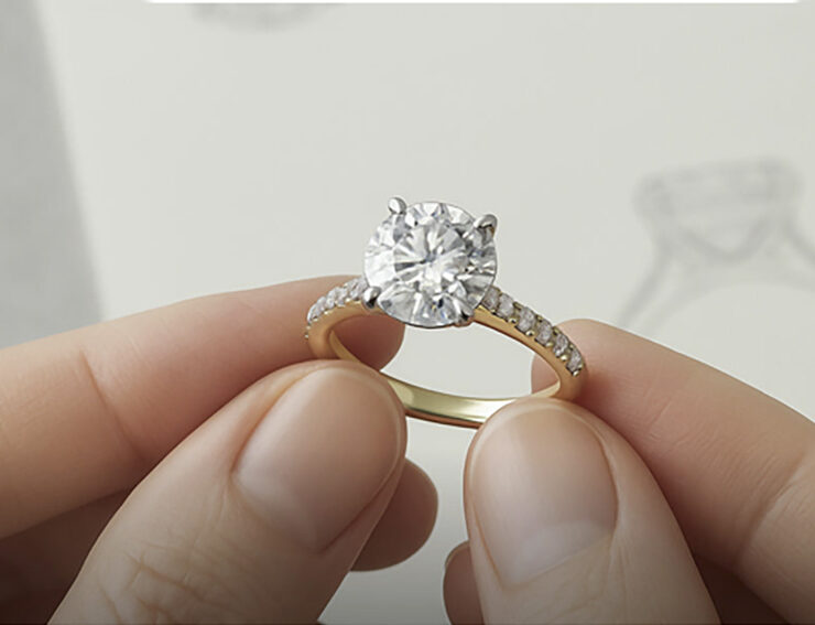The sparkling diamond engagement ring is held for an admiring look