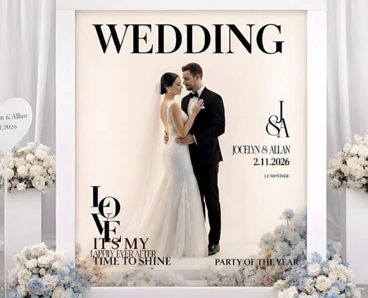 Bridal couple image as Backdrop for wedding portraits of guests
