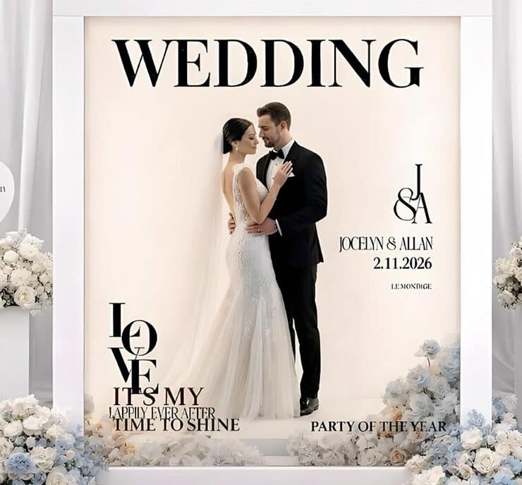 Bridal couple image as Backdrop for wedding portraits of guests