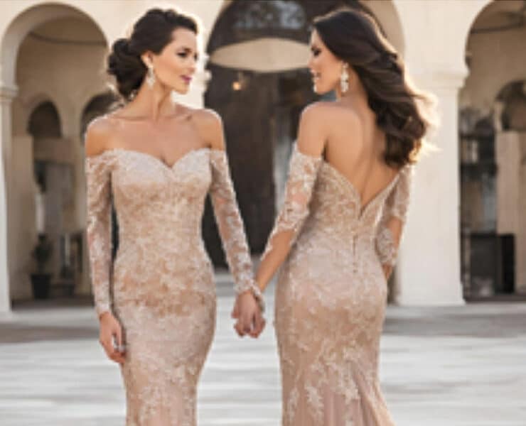 Mother of the Bride gown, models posing front and back