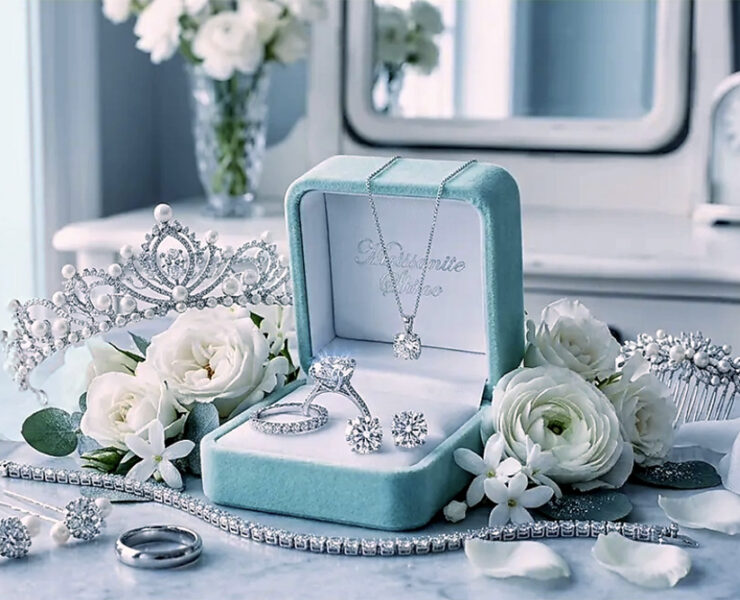 A complete luxury bridal moissanite jewelry set by Moissanite Shine, featuring a premium D-VVS1 round brilliant engagement ring, matching solitaire earrings, a fine pendant necklace, an elegant moissanite tennis bracelet, and a pearl tiara surrounded by white bridal roses.