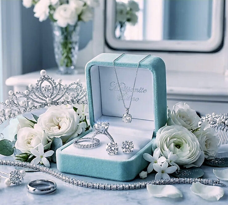 A complete luxury bridal moissanite jewelry set by Moissanite Shine, featuring a premium D-VVS1 round brilliant engagement ring, matching solitaire earrings, a fine pendant necklace, an elegant moissanite tennis bracelet, and a pearl tiara surrounded by white bridal roses.