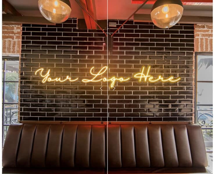 Neon artwork in both plain and acrylic formats in a reception area