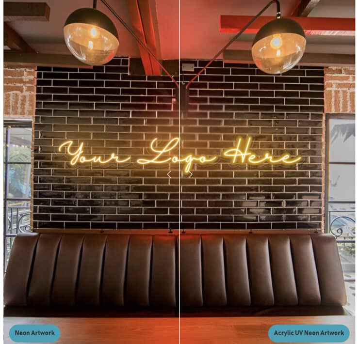 Neon artwork in both plain and acrylic formats in a reception area