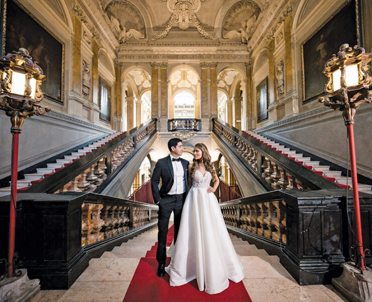 Suzy and Juan Lake Como Wedding, on a grand staircase