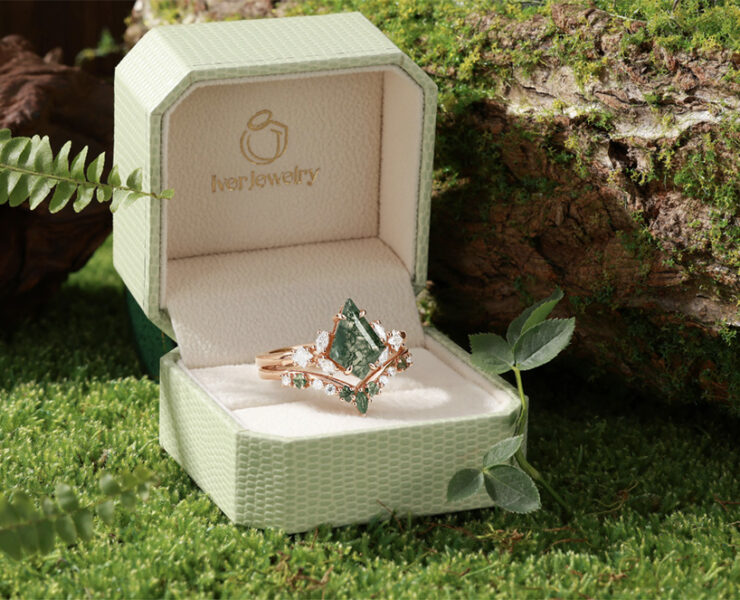 Moss agate ring in a luxury box, all in a garden setting